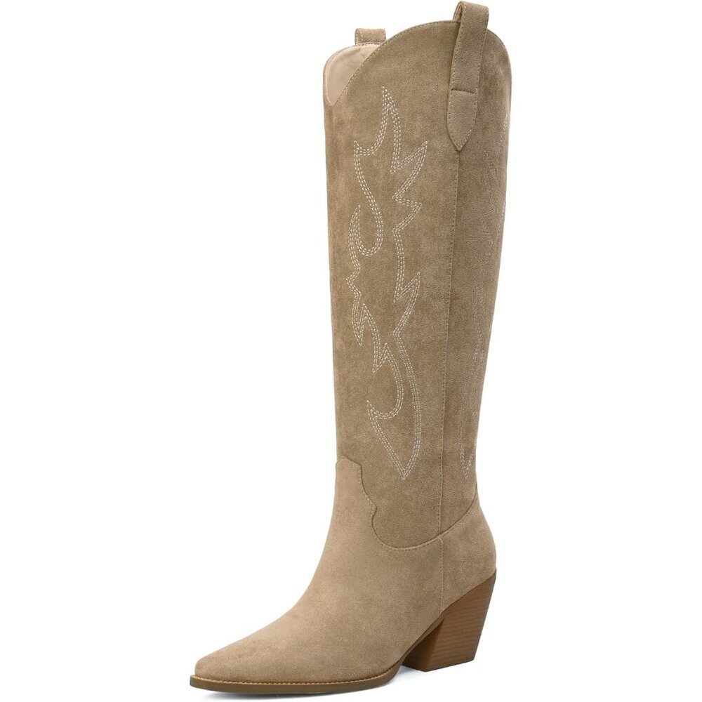 Women Tan Knee High Pointed Toe Block Heel Cowboy Western Embroidered Boots